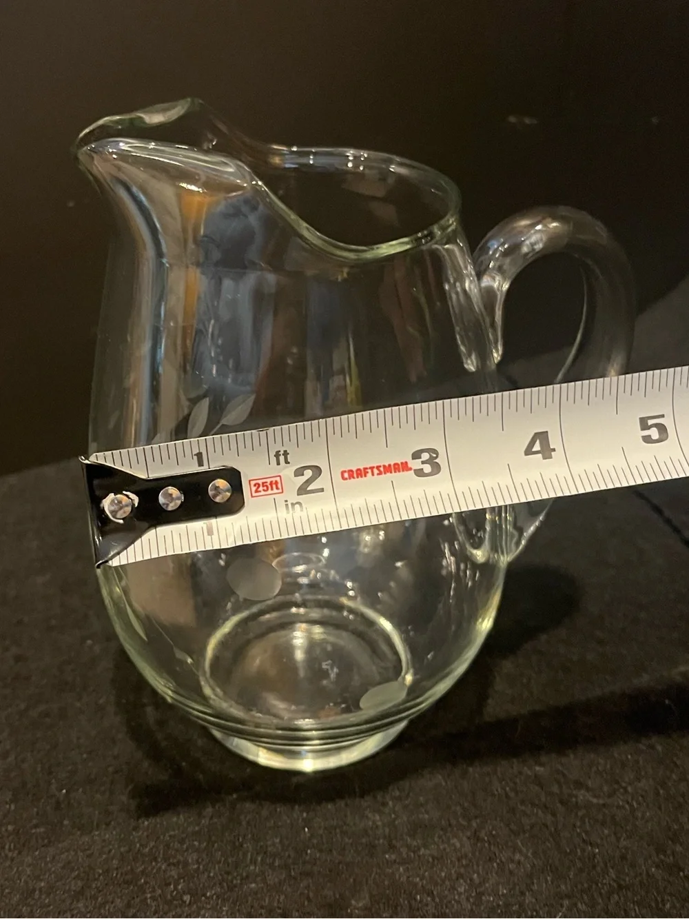 Vintage Clear Glass Pitcher with Delicate Etched Floral and Leaf Motif 4.5 Cup